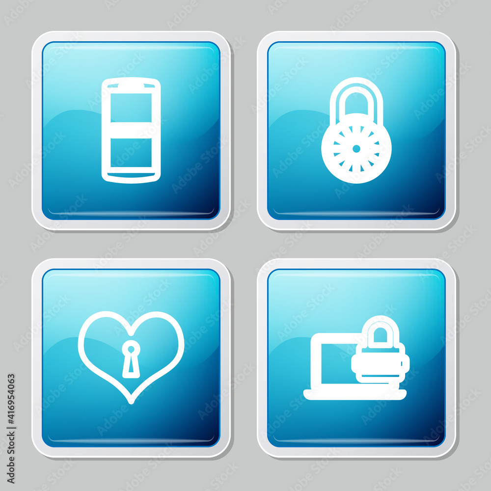 Set line Mobile and password, Safe combination lock wheel, Heart with keyhole and Laptop icon. Vector. Set line Mobile and password, Safe combination lock wheel, Heart with keyhole and Laptop icon. Vector.