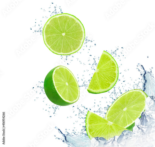 water lime splash and ice cubes isolated on white