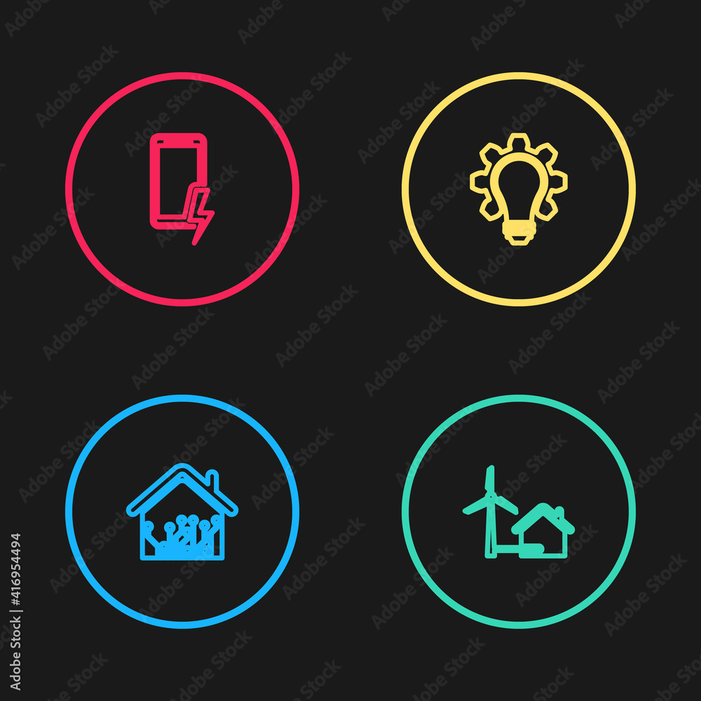 Set line Smart home, House with wind turbine, Light bulb and gear and Mobile charging battery icon. Vector.