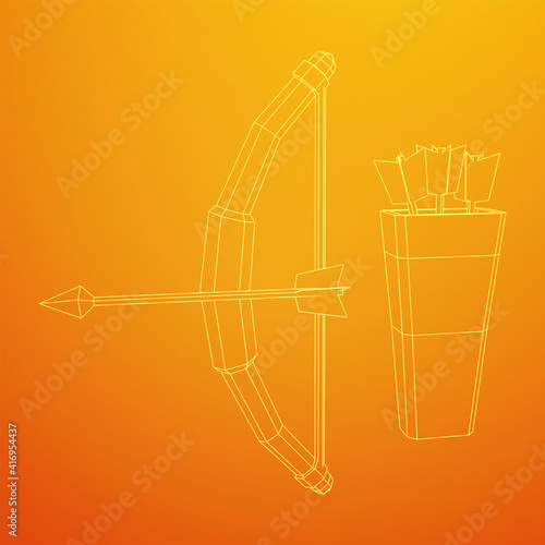 Medieval Bow and arrow archer weapon. Wireframe low poly mesh vector illustration.