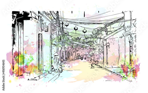 Building view with landmark of Hoi An is a city on Vietnam. Watercolour splash with hand drawn sketch illustration in vector.