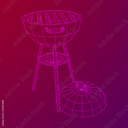 Round barbecue grill. Outdoor bbq party. Wireframe low poly mesh vector illustration