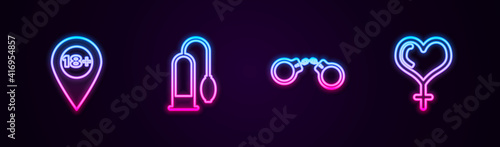 Set line Location with 18 plus, Penis pump, Handcuffs and Female gender heart. Glowing neon icon. Vector.