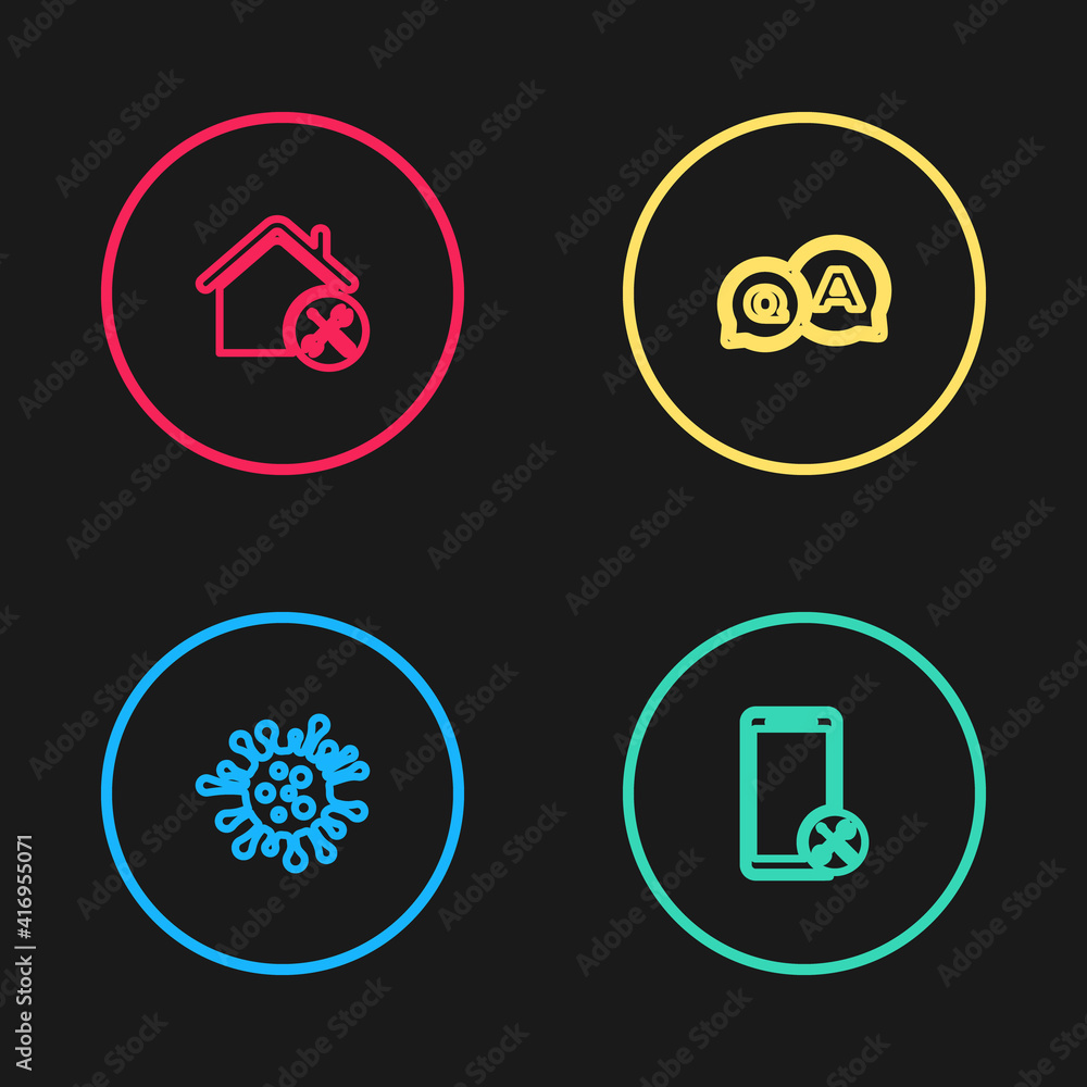 Set line Bacteria, Mobile service, Question and Answer and House icon. Vector. Set line Bacteria, Mobile service, Question and Answer and House icon. Vector.