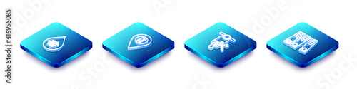 Set Isometric line Dirty water drop, Location service, Scooter and Office folders icon. Vector.