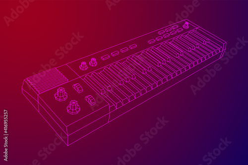 Piano roll analog synthesizer faders buttons knobs. Wireframe low poly mesh vector illustration.