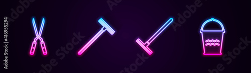 Set line Gardening handmade scissor, rake, and Bucket. Glowing neon icon. Vector.
