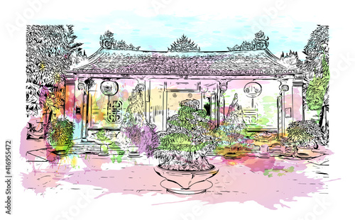 Building view with landmark of Hoi An is a city on Vietnam. Watercolour splash with hand drawn sketch illustration in vector.