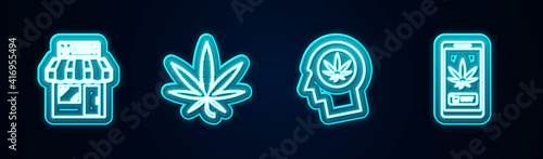 Set line Marijuana and cannabis store, leaf, Head in profile with marijuana and Online buying. Glowing neon icon. Vector.