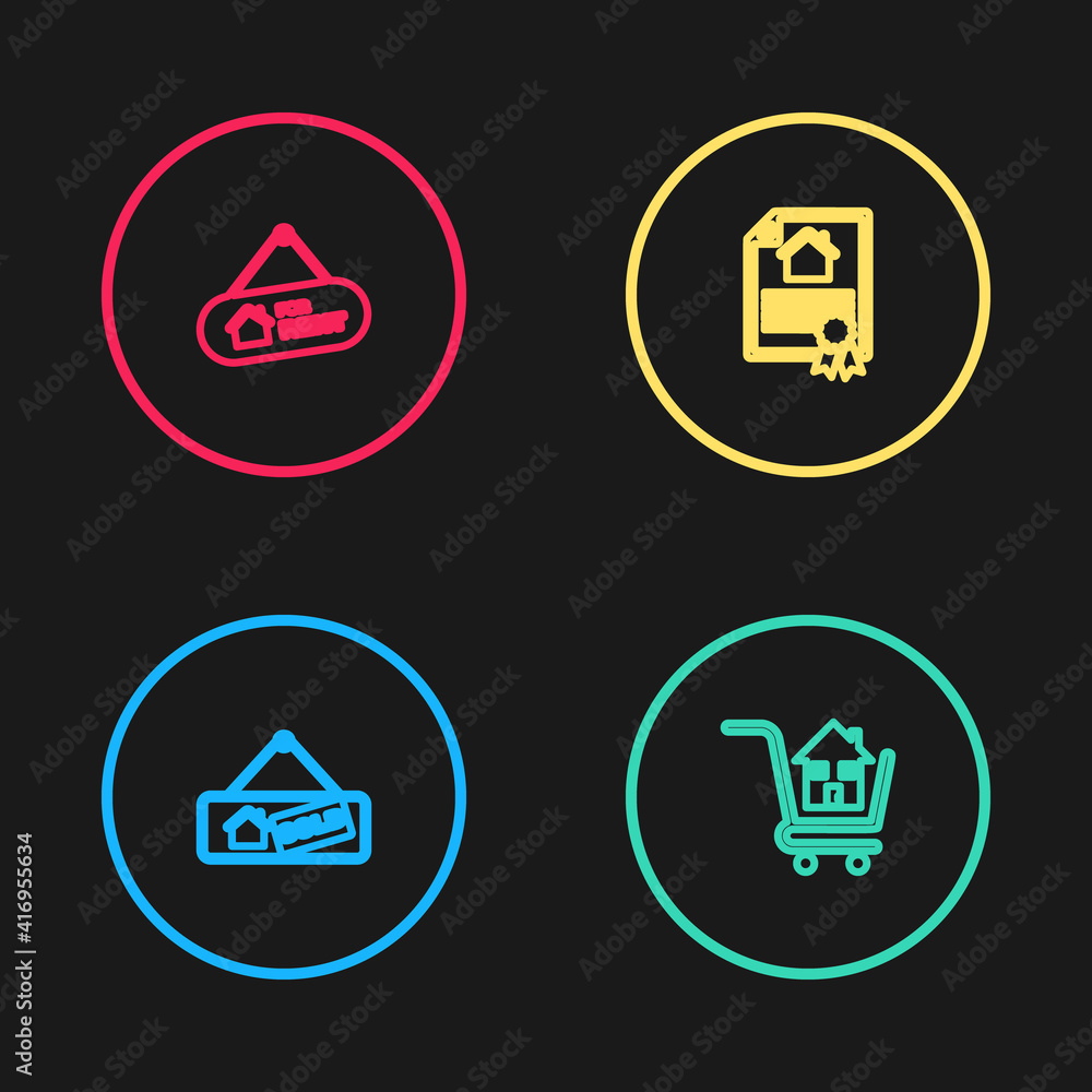 Set line Hanging sign with Sold, Shopping cart house, House contract and For Rent icon. Vector. Set line Hanging sign with Sold, Shopping cart house, House contract and For Rent icon. Vector.