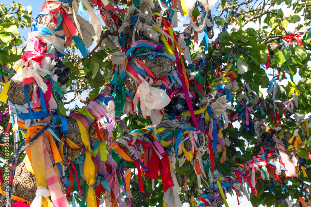 Tree with colored ribbons of wishes near Church of the Prophet Elijah in Protaras, Republic of Cyprus