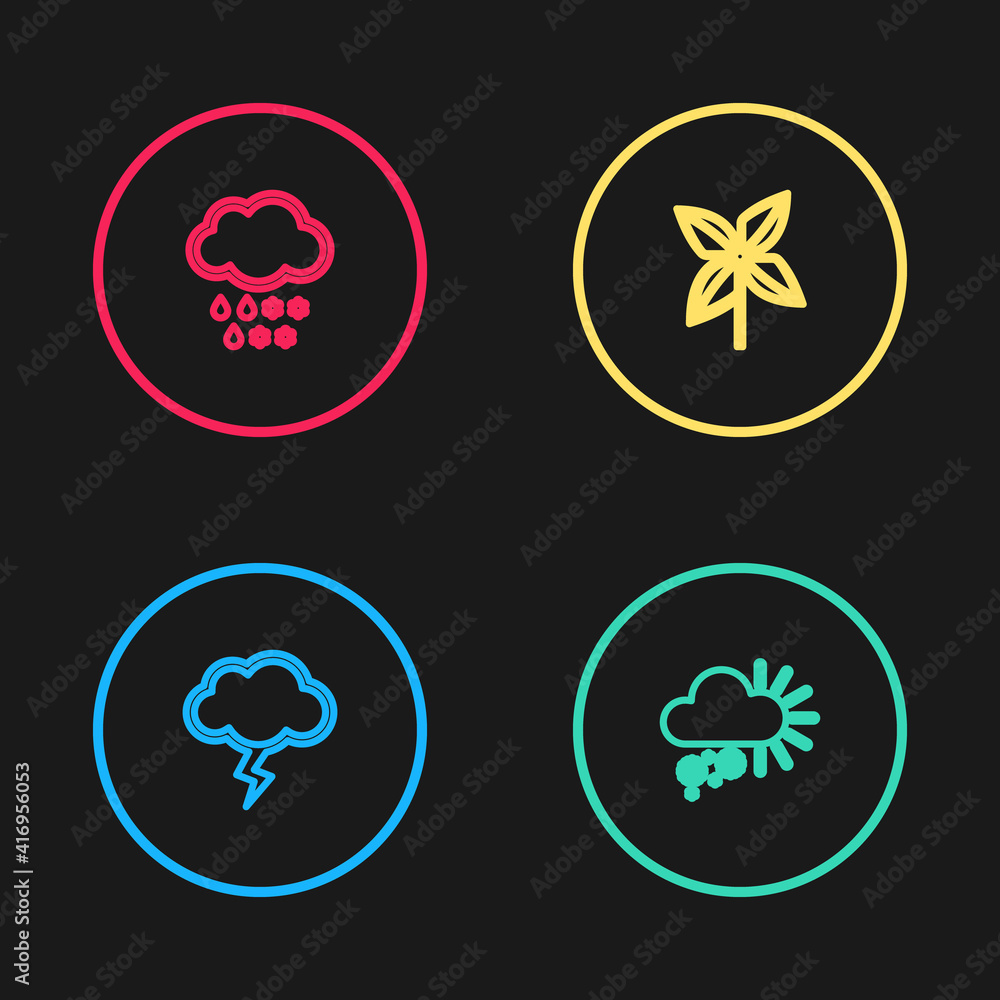 Set line Storm, Cloudy with snow, Pinwheel and and rain icon. Vector. Set line Storm, Cloudy with snow, Pinwheel and and rain icon. Vector.