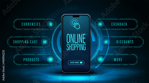 Online shopping, dark and blue digital web banner with smartphone and hologram interface around. Web banner for your product in modern digital style