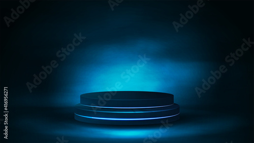 Empty podium in fog, realistic vector illustration. Blue digital scene for your product presentation