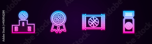 Set line Sports winner podium, Basketball award, game video and ticket. Glowing neon icon. Vector.