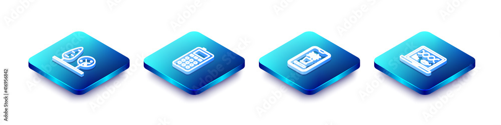 Set Isometric line Trees, Remote control, Smart farming system and Genetic engineering modification icon. Vector. Set Isometric line Trees, Remote control, Smart farming system and Genetic engineering modification icon. Vector.