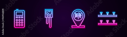 Set line Remote control, Temperature and humidity sensor, Location tree and Automatic irrigation sprinklers. Glowing neon icon. Vector.