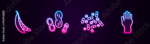 Set line Kidney beans, Peanut, Medicine pill or tablet and Hand with psoriasis eczema. Glowing neon icon. Vector.