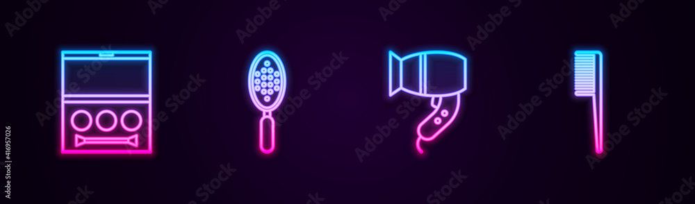 Set line Eye shadow palette, Hairbrush, dryer and . Glowing neon icon. Vector.