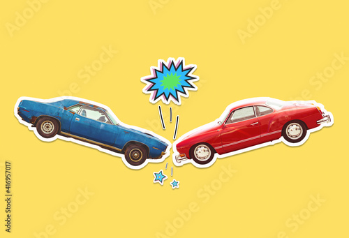 Old vintage car crash illustration in collage cutout style, retro classic vehicle accident on yellow background