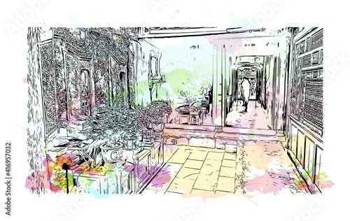 Building view with landmark of Hoi An is a city on Vietnam. Watercolour splash with hand drawn sketch illustration in vector.