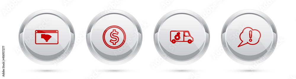 Set line No Internet connection, Coin money with dollar, Car service and Speech bubble Exclamation. Silver circle button. Vector. Set line No Internet connection, Coin money with dollar, Car service and Speech bubble Exclamation. Silver circle button. Vector.