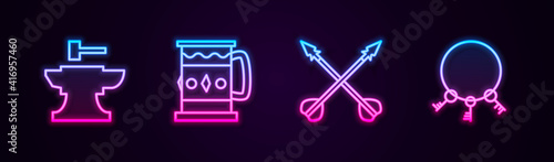 Set line Anvil for blacksmithing hammer, Wooden mug, Medieval crossed arrows and Old keys. Glowing neon icon. Vector.