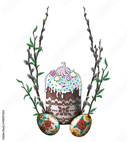 Easter card with Easter cake, Easter eggs, pussy willow branches and lettering - Happy Easter. Stock vector illustration in cartoon style isolated on white background