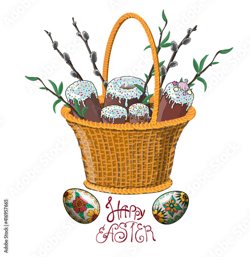 Easter wicker basket with Easter cakes, Easter eggs, pussy willow branches and lettering - Happy Easter. Stock vector illustration in cartoon style isolated on white background.