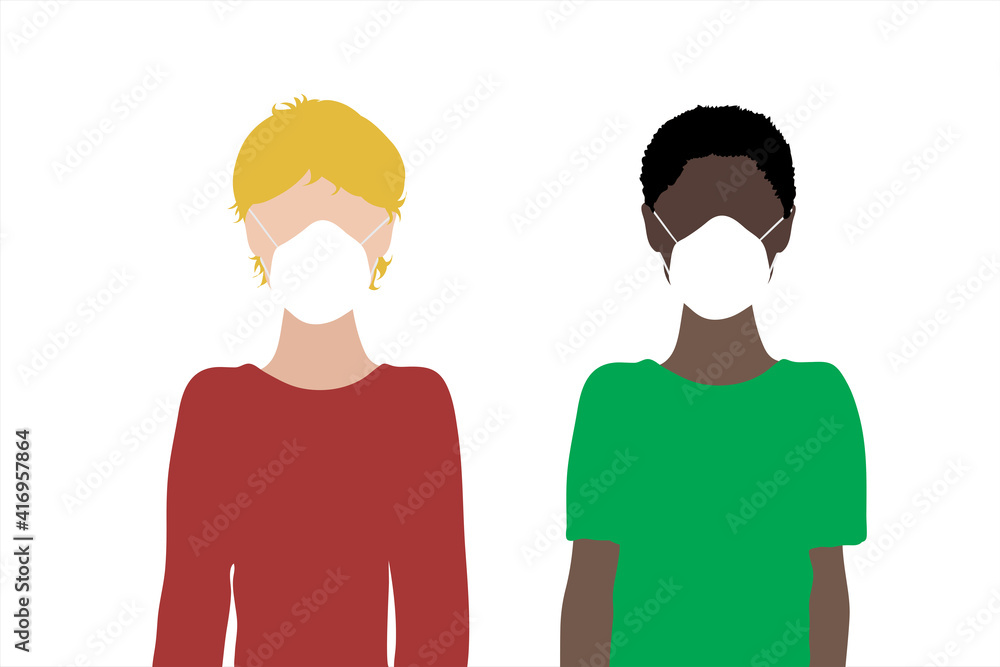 Fototapeta premium Couple of illustration of boys with medical mask. Symbol of children and covid-19.