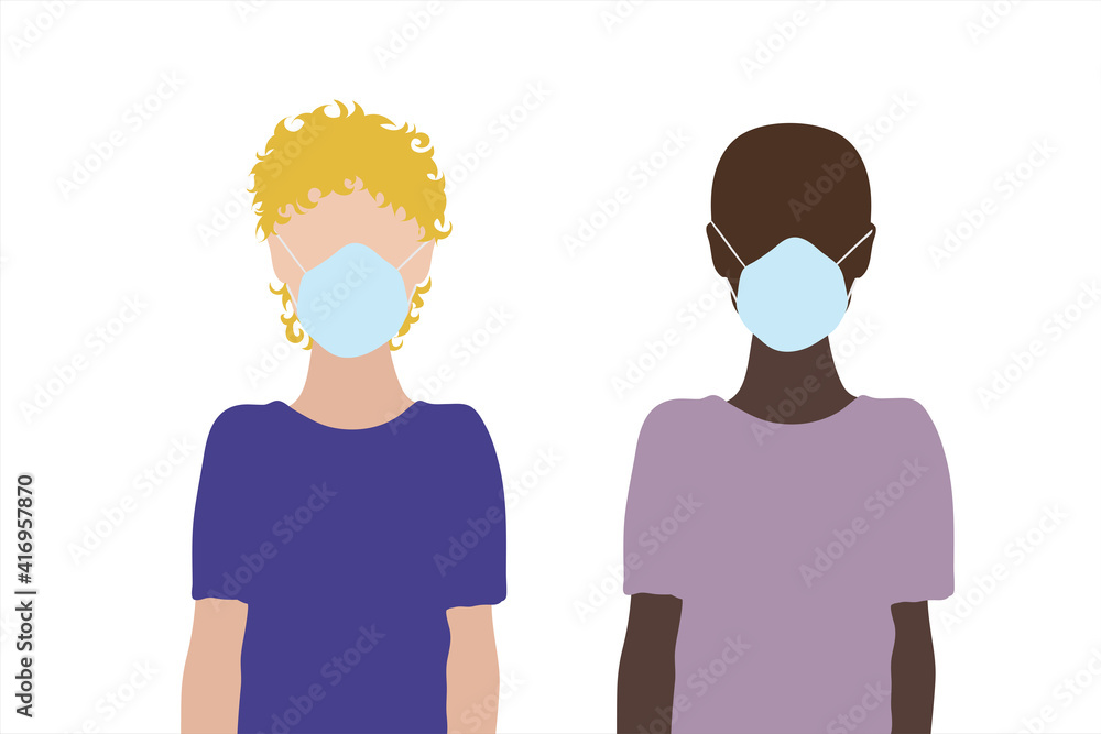 Obraz premium Couple of illustration of boys with medical mask. Symbol of children and covid-19.