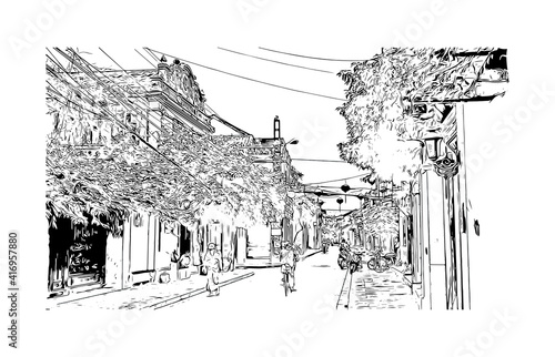Building view with landmark of Hoi An is a city on Vietnam. Hand drawn sketch illustration in vector.