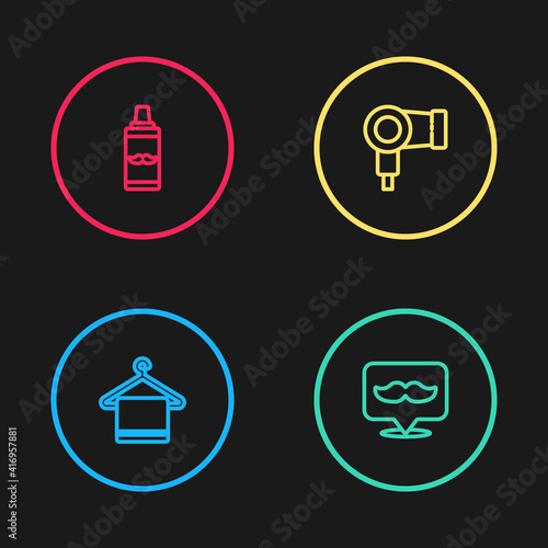 Set line Towel on a hanger, Barbershop, Hair dryer and Shaving gel foam icon. Vector.