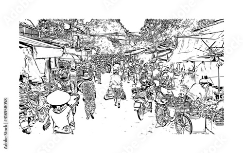 Building view with landmark of Hoi An is a city on Vietnam. Hand drawn sketch illustration in vector.