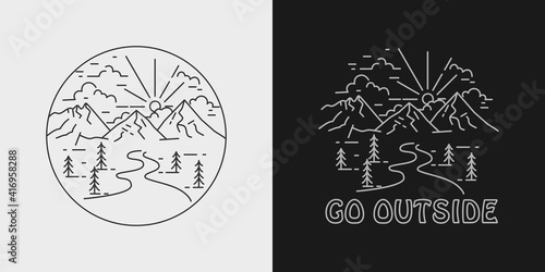 mountain mono line outdoor badge design illustration