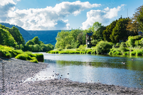 Llanwrst, small market town in North Wales, United Kingdom, view of the buildings overlooking river Conwy, selective focus photo