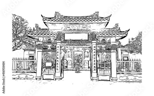 Building view with landmark of Hoi An is a city on Vietnam. Hand drawn sketch illustration in vector.