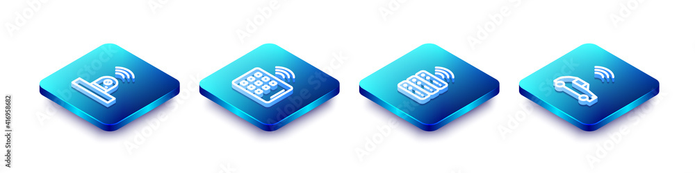 Set Isometric line Smart security camera, Wireless tablet, server and car system with wireless icon. Vector. Set Isometric line Smart security camera, Wireless tablet, server and car system with wireless icon. Vector.