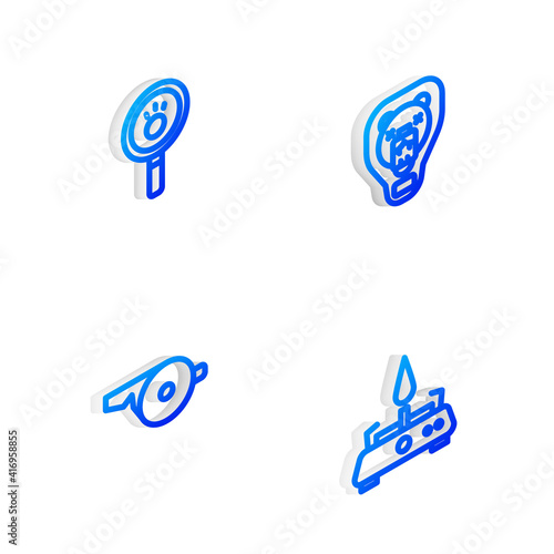 Set Isometric line Bear head on shield  Paw search  Whistle and Camping gas stove icon. Vector.