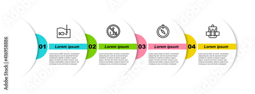 Set line Fishing hook with fish, No fishing, Compass and Hiking backpack. Business infographic template. Vector.