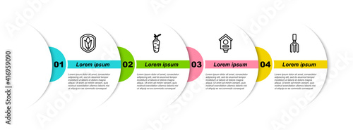 Set line Shield corn, Carrot, Bird house and Garden rake. Business infographic template. Vector.