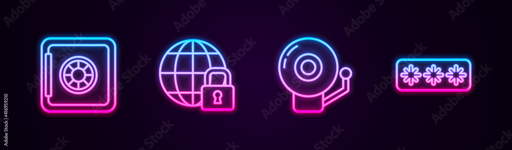 Set line Safe, Global lockdown, Ringing alarm bell and Password protection. Glowing neon icon. Vector. Set line Safe, Global lockdown, Ringing alarm bell and Password protection. Glowing neon icon. Vector.