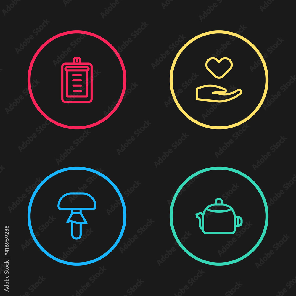 Set line Mushroom, Kettle with handle, Heart in and Clipboard checklist icon. Vector. Set line Mushroom, Kettle with handle, Heart in and Clipboard checklist icon. Vector.