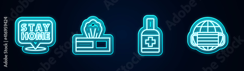 Set line Stay home, Wet wipe pack, Liquid antibacterial soap and Earth with medical mask. Glowing neon icon. Vector.