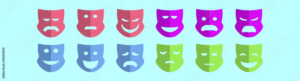 set of theater mask cartoon icon design template with various models. vector illustration isolated on blue background set of theater mask cartoon icon design template with various models. vector illustration isolated on blue background