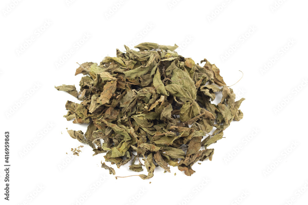 Pile of Dry Tulsi leaf or holy basil tea isolated on white background. Ayurvedic medicine in India. Tulsi tea drink for health. Pile of Dry Tulsi leaf or holy basil tea isolated on white background. Ayurvedic medicine in India. Tulsi tea drink for health.