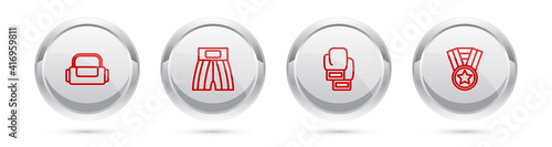 Set line Sport bag, Boxing short, glove and Medal. Silver circle button. Vector.