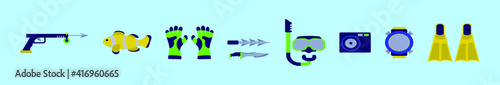 set of spearfishing cartoon icon design template with various models. vector illustration isolated on blue background