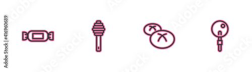 Set line Candy, Bread loaf, Honey dipper stick and Lollipop icon. Vector.