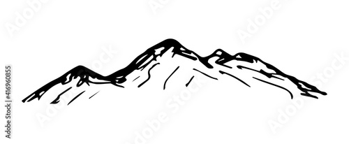 Simple hand-drawn vector drawing in black outline. Nature, panoramic landscape, mountain top. Ink sketch. Tourism, travel, sport.